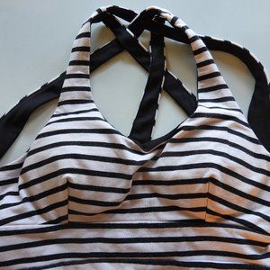 Love Culture Women Tank Top w/Pad Bra Cotton Spandex Sz M Black Off White Stripe